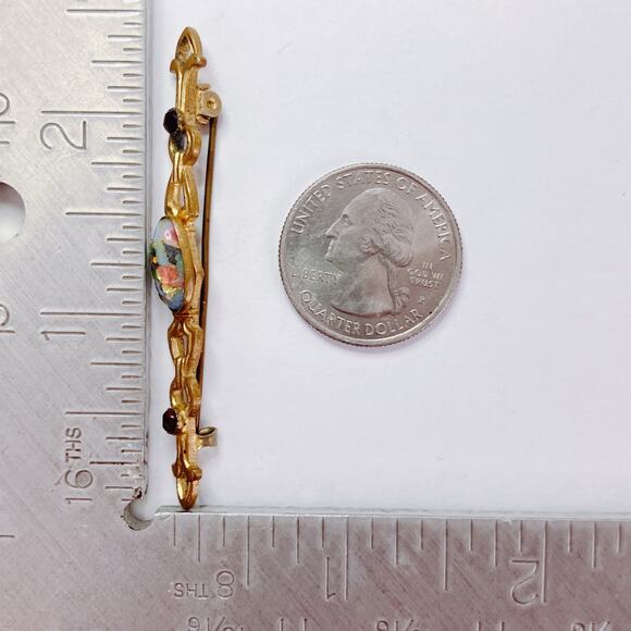 Vintage 1930s Art Deco Gold Tone Bar Brooch Foil Glass Cabochon Czech-style Pin - Picture 11 of 15